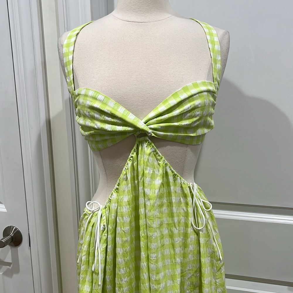 New!‎ FOR LOVE AND LEMONS Maureen Midi Gingham Dress Green White Size Medium - Picture 4 of 12